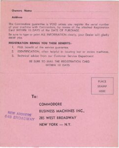 1960 Commodore typewriter warranty registration