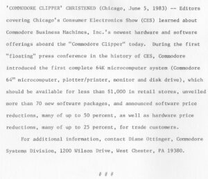 Commodore Clipper Press Release